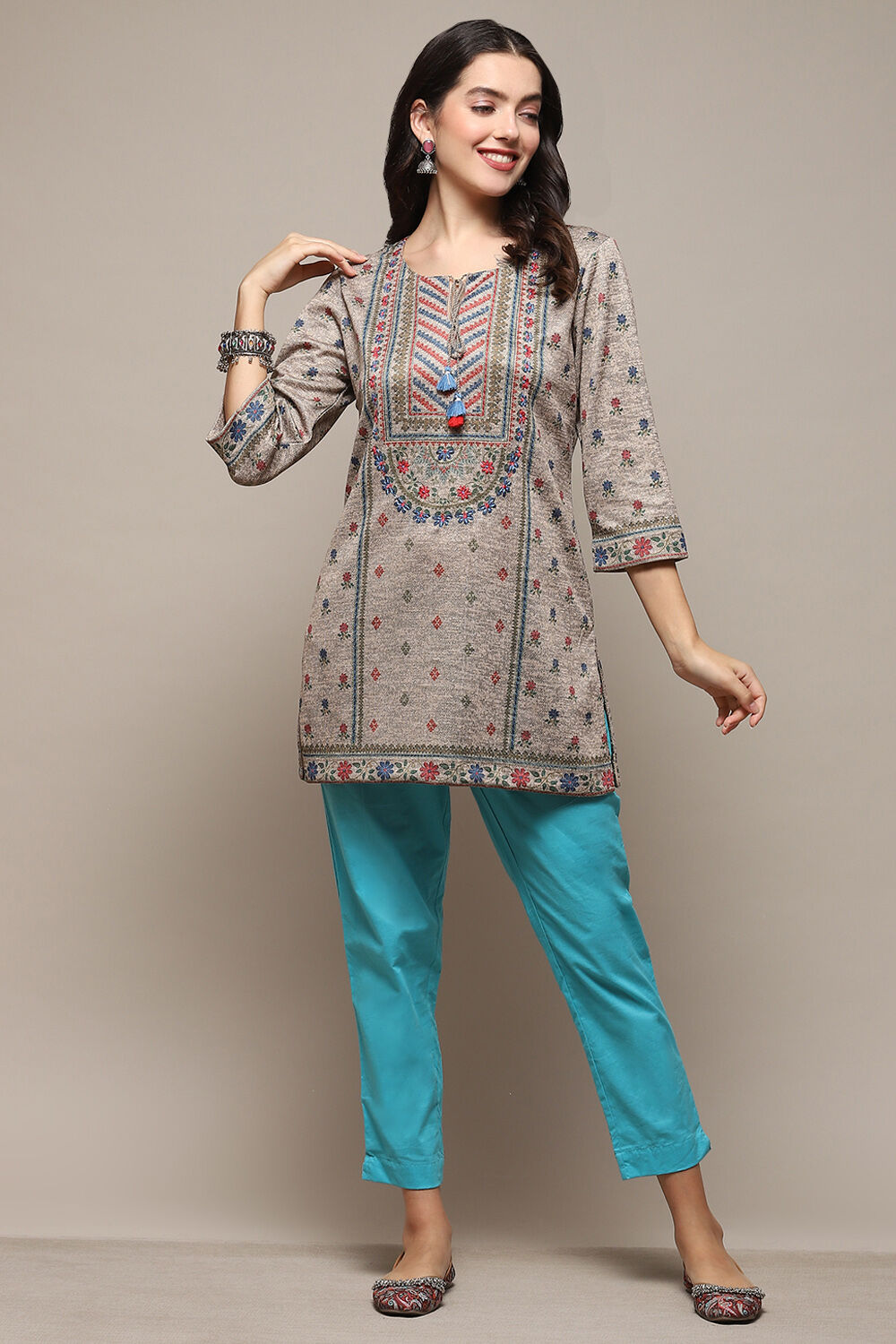 Melange Black Poly Cotton Straight Printed Kurti image number 0