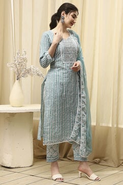 Teal Cotton Printed Embroidered Unstitched Suit Set image number 6