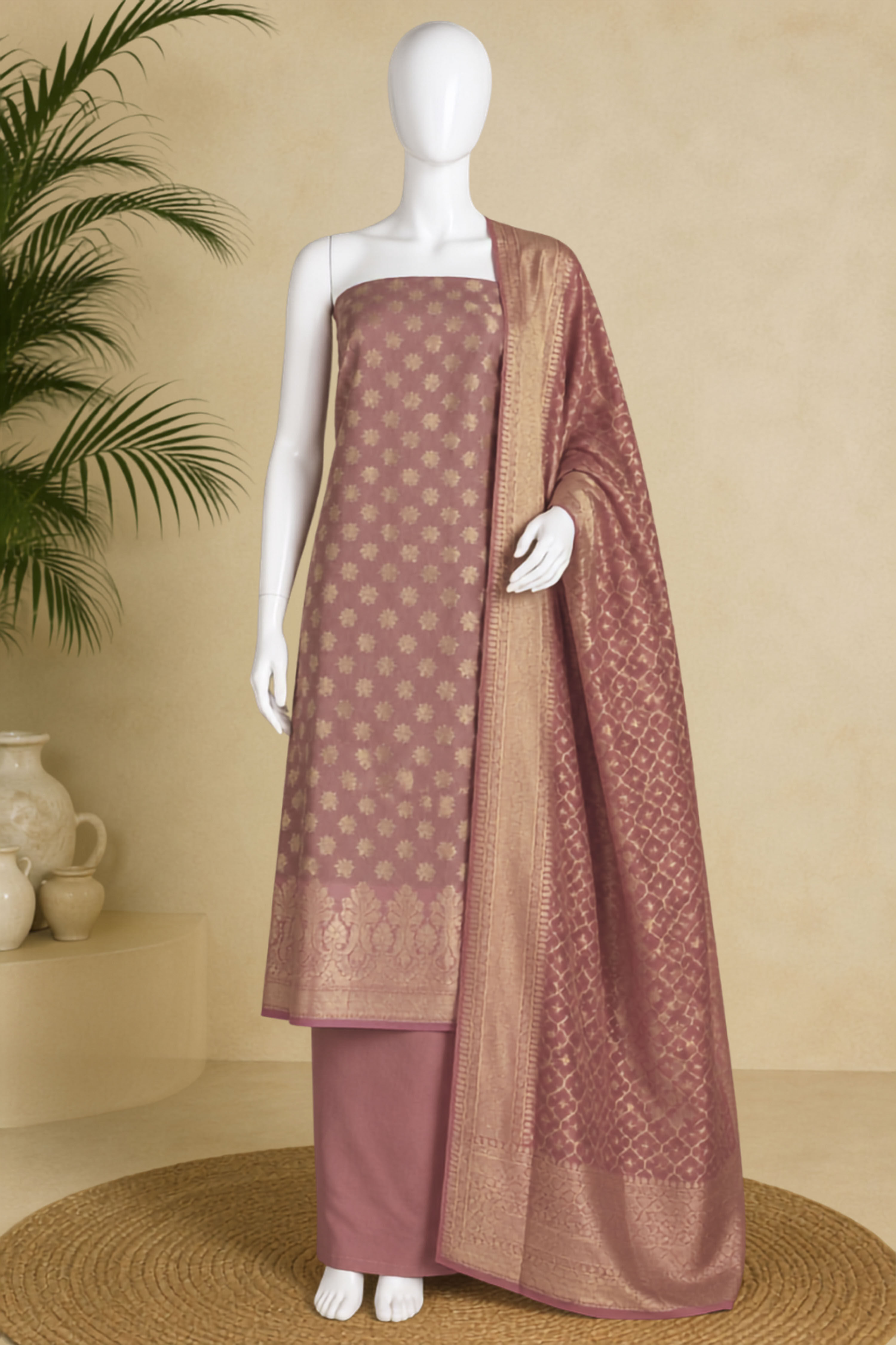 Rust Chanderi Banarsi Weave Unstitched Suit Set image number 5