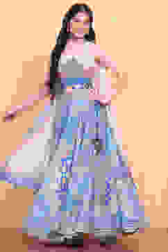 Electric Blue Printed Flared Lehenga Set image number 0