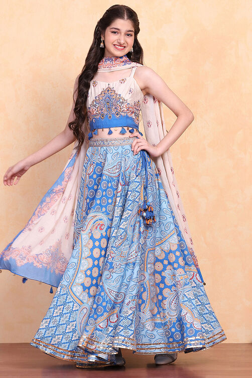Electric Blue Viscose Blend Lehenga Set image number 0
