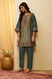 Teal Viscose Blend Printed Straight Kurta Set image number 6
