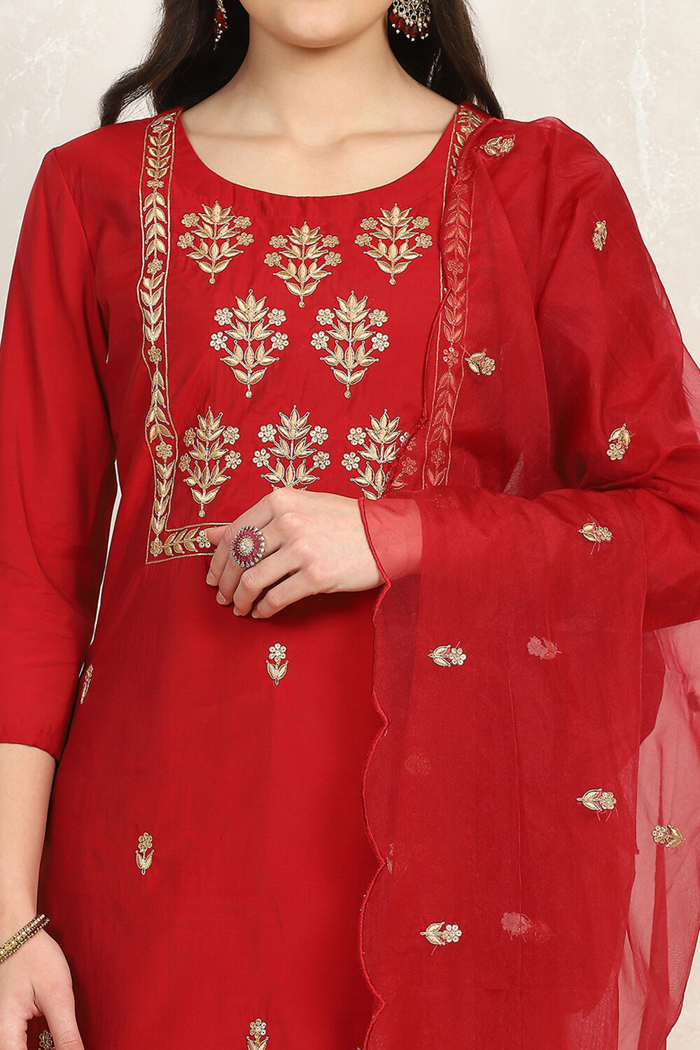 Red Silk Blend Machine Embroidered Unstitched Suit Set image number 2