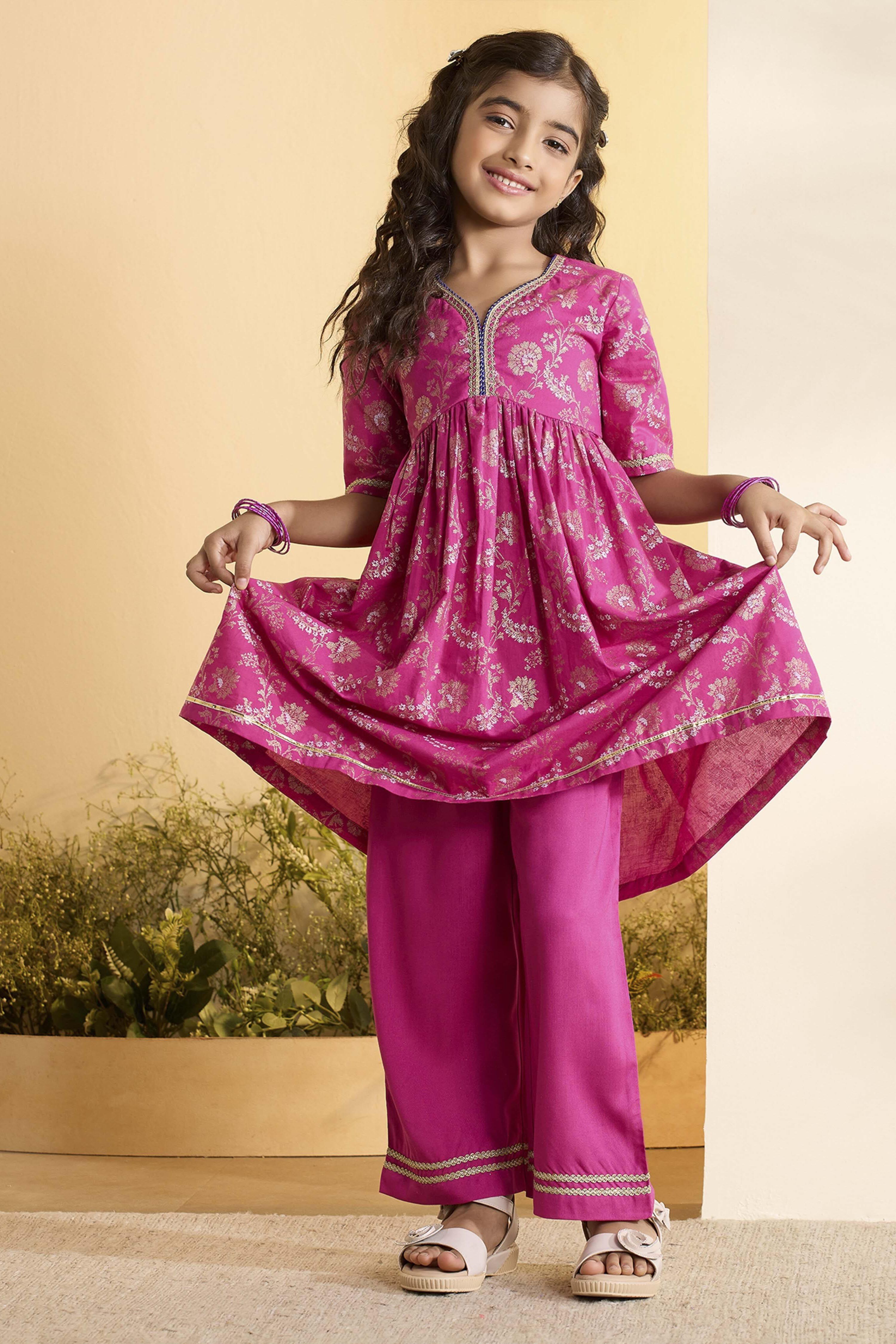 Pink Cotton Floral Printed Flared Kurta Set image number 8