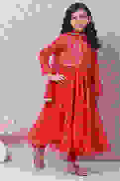 Red Cotton Anarkali Kurta Churidar Suit Set image number 2