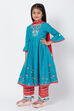 Turquoise And Red Cotton Anarkali Kurta Flared Palazzo Suit Set image number 3