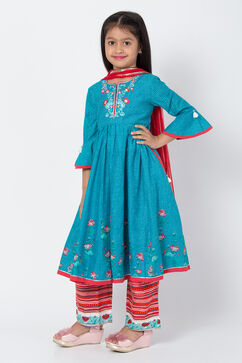 Turquoise And Red Cotton Anarkali Kurta Flared Palazzo Suit Set image number 3
