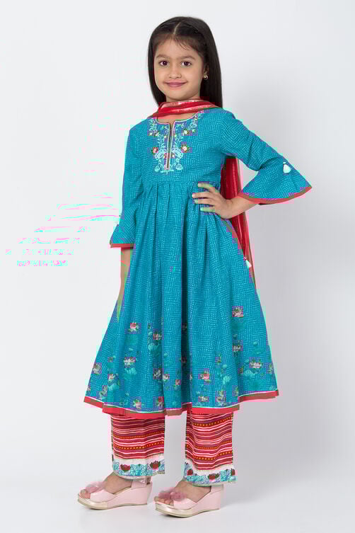 Turquoise And Red Cotton Anarkali Kurta Flared Palazzo Suit Set image number 3