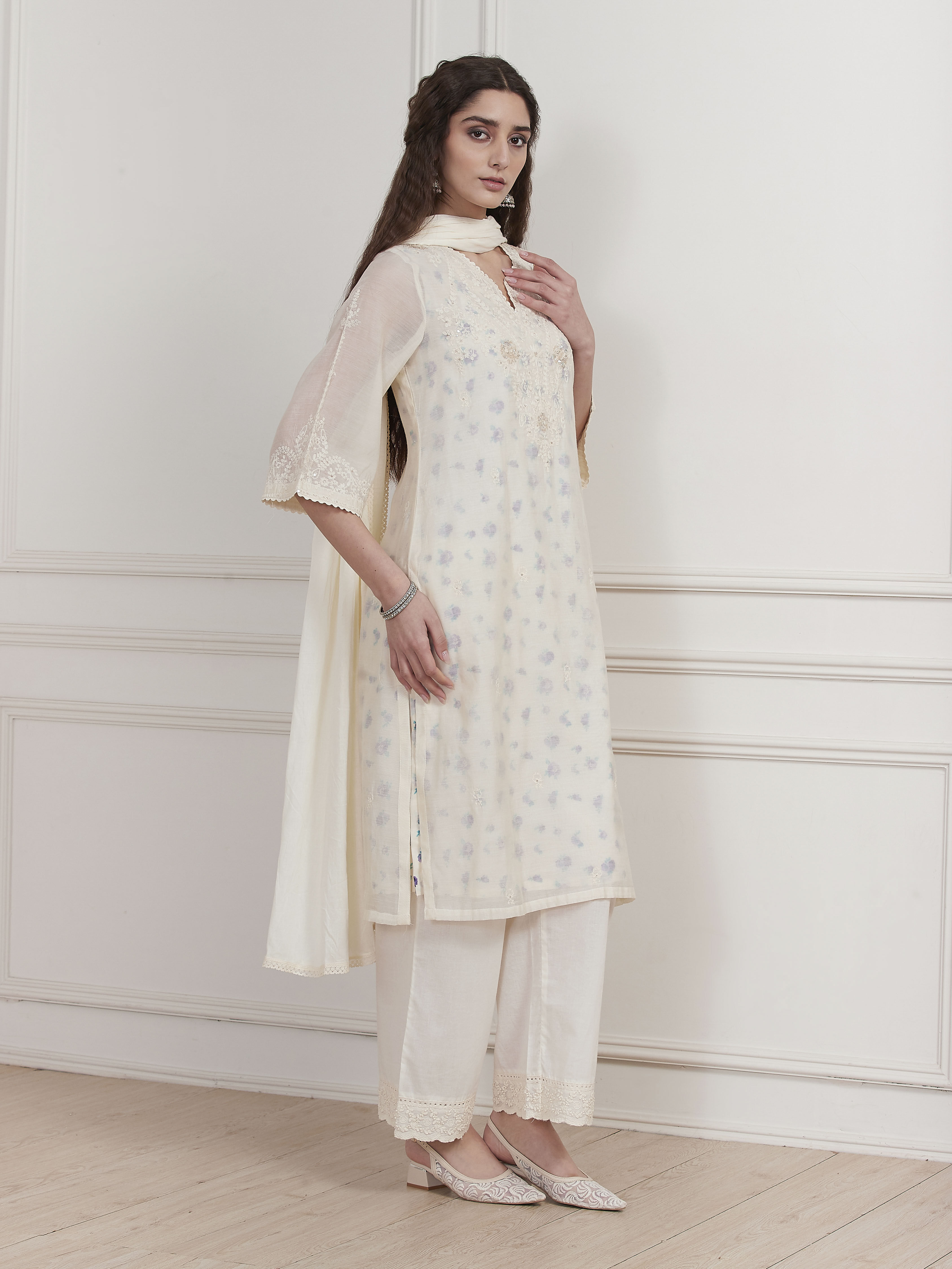 Ivory Poly Chanderi Embroidered Straight Suit Set image number 5