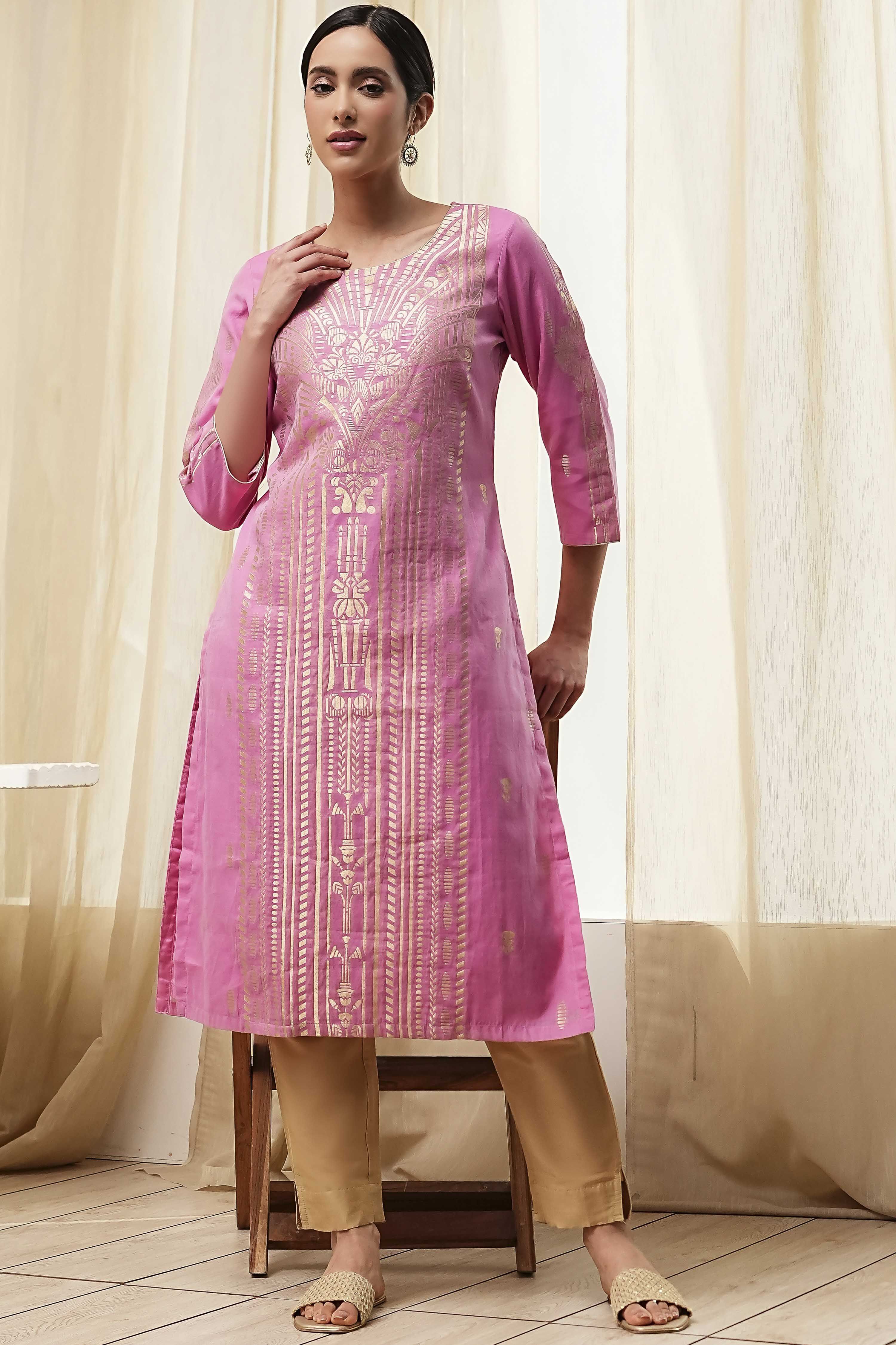 Pink Poly Cotton Straight Yarndyed Kurta image number 0