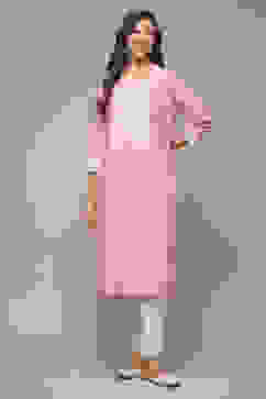 Pink Cotton Straight Embroidered Kurta image number 1