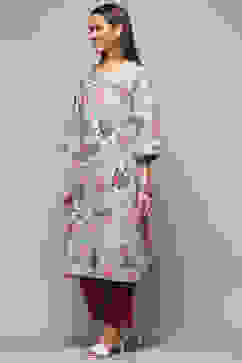 Powder Blue Cotton Floral Printed Straight Kurta image number 2