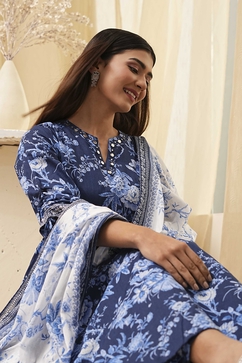 Indigo Pure Cotton Floral Gathered Suit Set image number 1