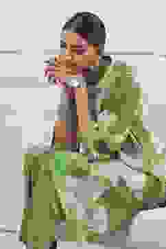 Green Chanderi Floral Straight Kurta Set image number 0