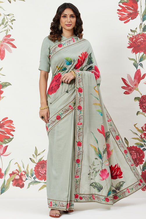 Rohit Bal Off White Chanderi Silk Printed Saree With Blouse image number 4