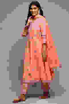 Pink Cotton Gathered Kurta Pants Suit Set image number 5