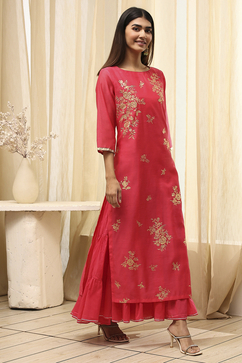 Fuchsia Poly Chanderi Layered Tiered Dress image number 4