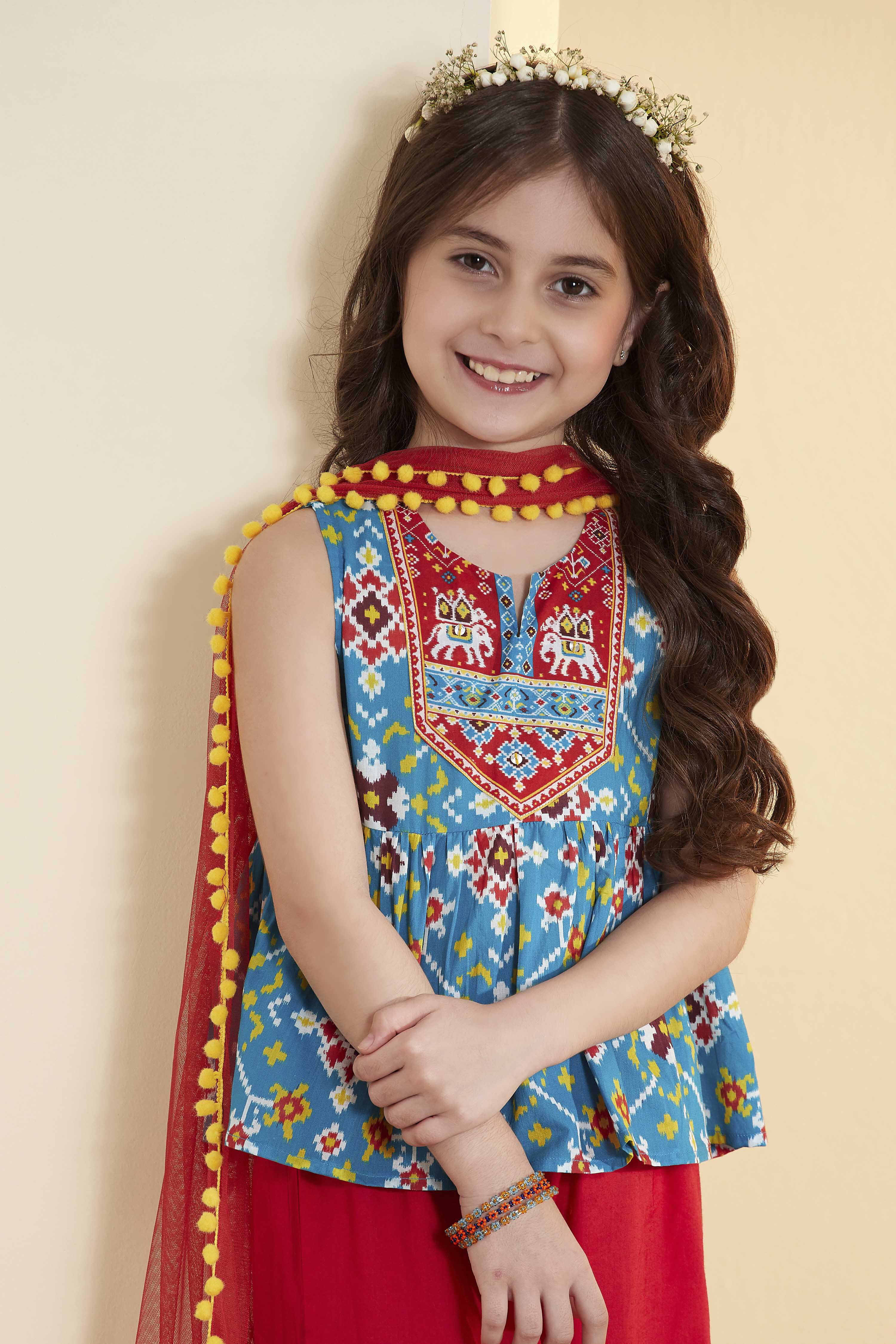 Turquoise & Red Printed Cotton Garara Set image number 1