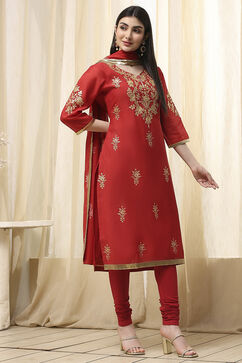 Red Poly Chanderi Fitted Suit Set image number 4