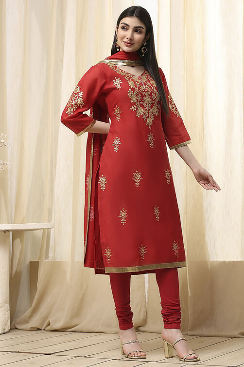 Blue Poly Chanderi Fitted Suit Set image number 4