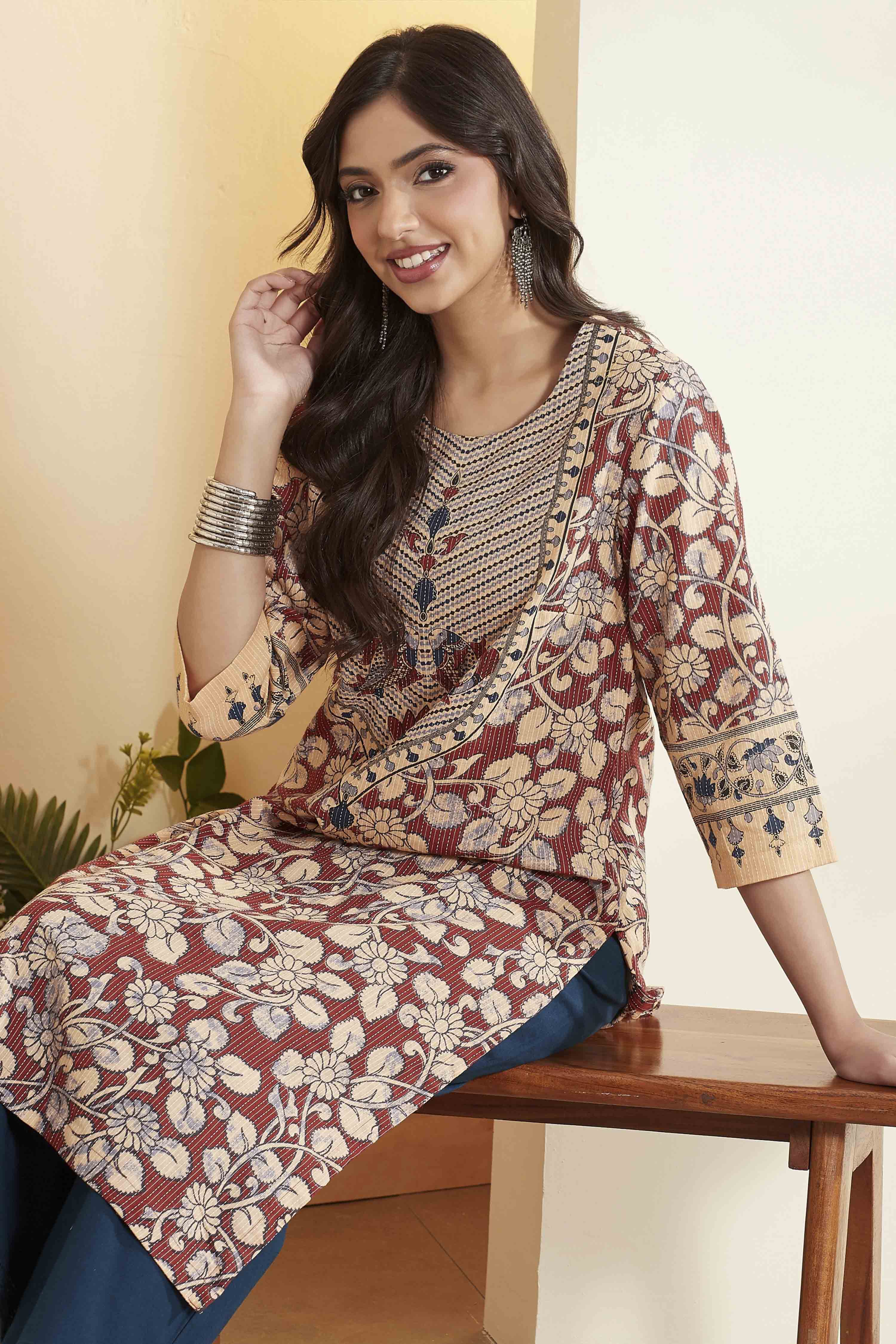 Rust Cotton Floral Printed Straight Kurta image number 1