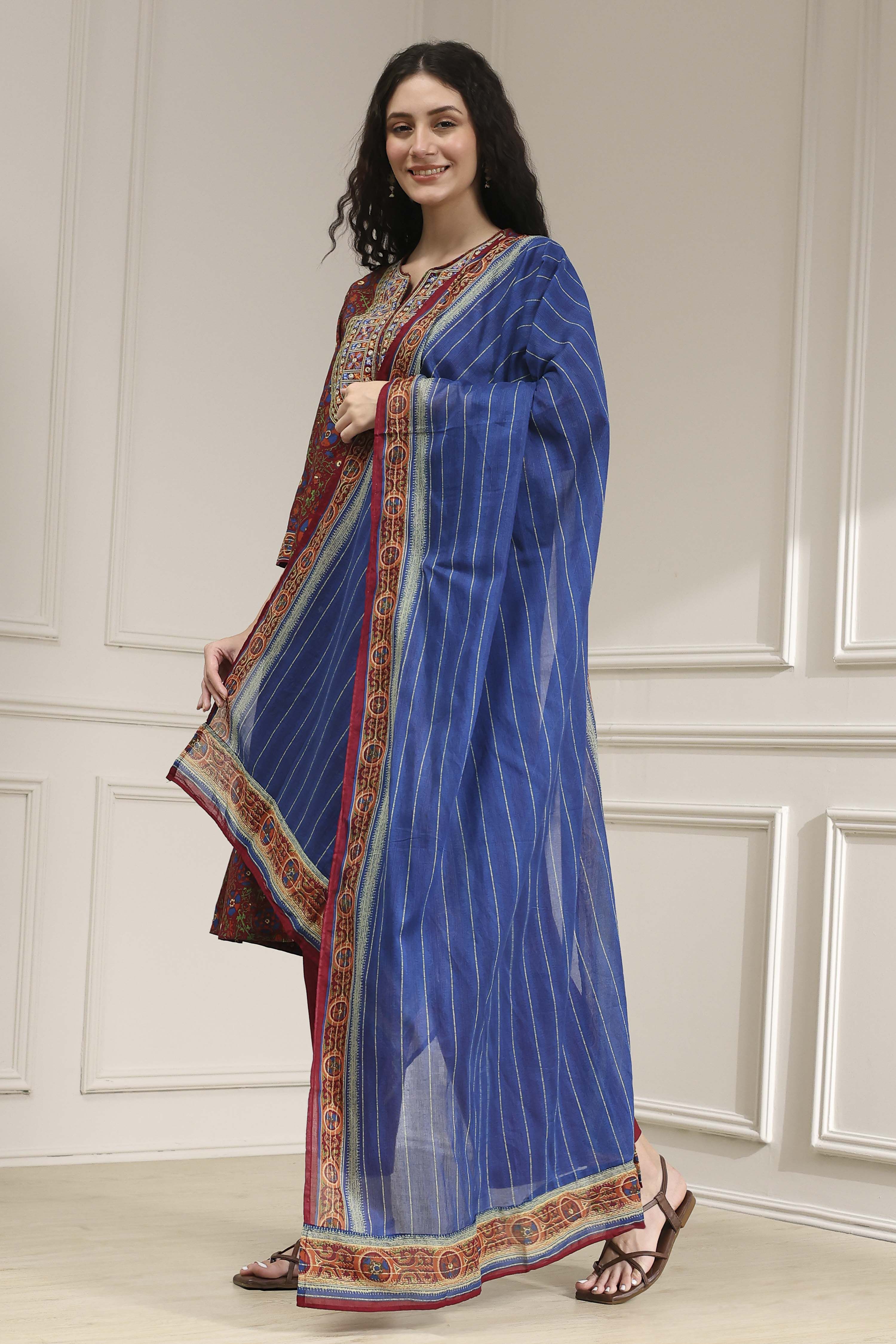 Rust and Blue Cotton Printed A-Line Suit Set image number 3