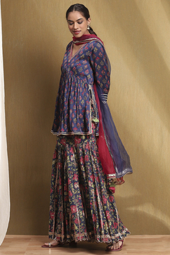 Navy Blue Viscose Floral Peplum Suit Set image number 3