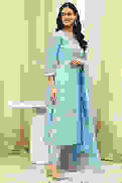 Blue Cotton Screen Print Unstitched Suit Set image number 5