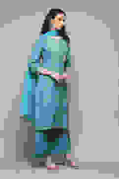 Turquoise Poly Musin Straight Printed Kurta Palazzo Suit Set image number 6