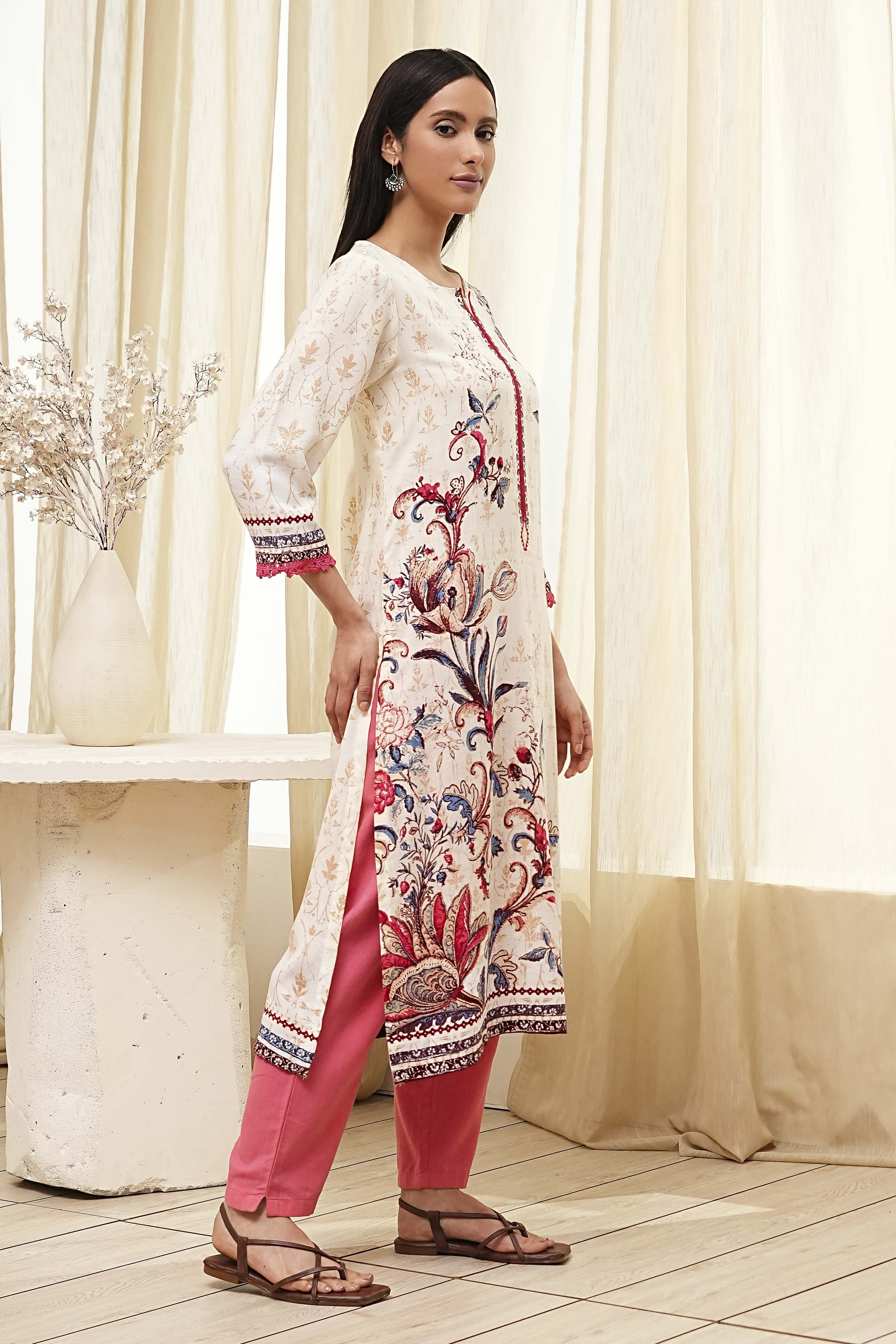 Ecru Floral Printed Straight Kurta image number 4
