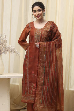 Brown Chanderi Printed Embroidered Unstitched Suit Set image number 1
