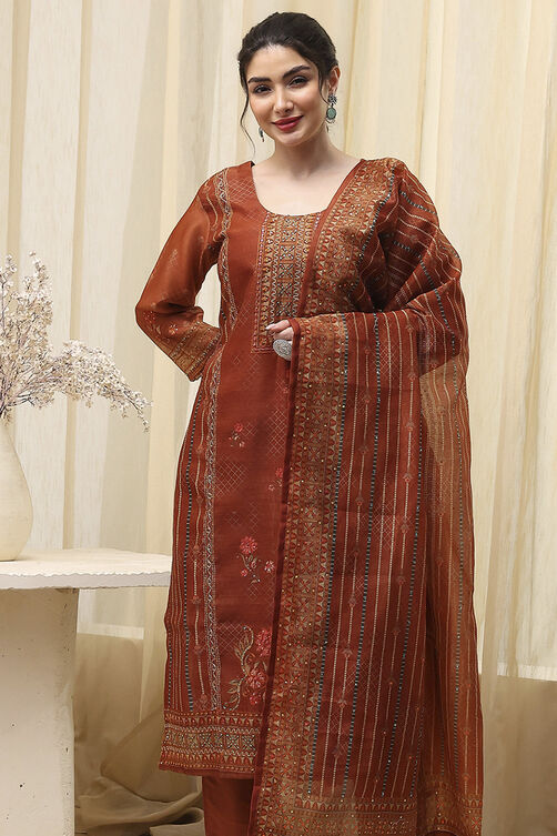 Blue Chanderi Printed Embroidered Unstitched Suit Set image number 1