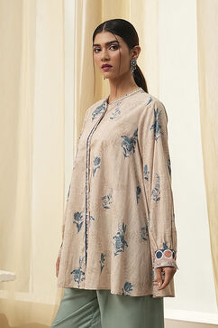 Beige Pure Cotton Shirt-Style A-Line Short Kurta image number 2