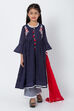 Navy Blue And White Poly Cotton Front Open Straight Kurta Palazzo Suit Set image number 2