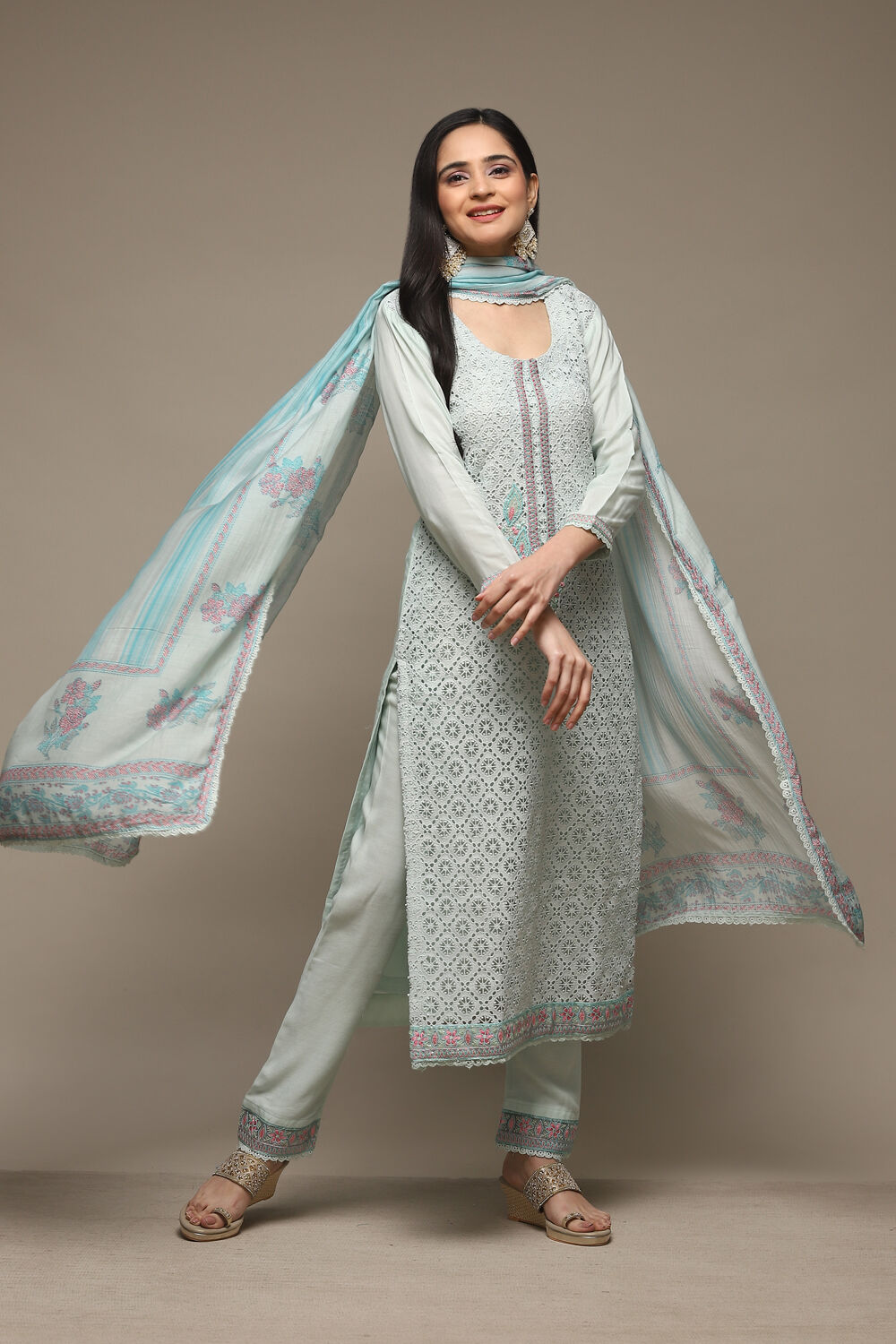 Light Green Muslin Lace Unstitched Suit Set image number 1