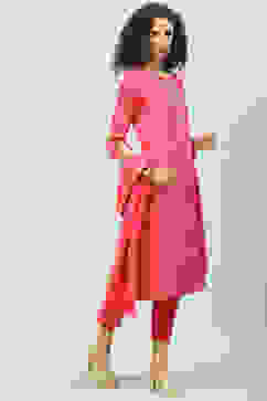 Fuschia Cotton Straight Kurta Slim Pant Suit Set image number 6