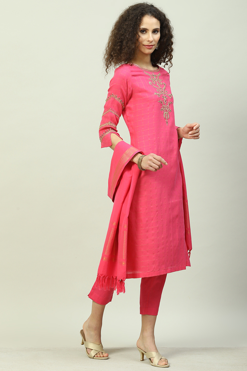 Turquoise Cotton Straight Kurta Slim Pants Suit Set image number 6