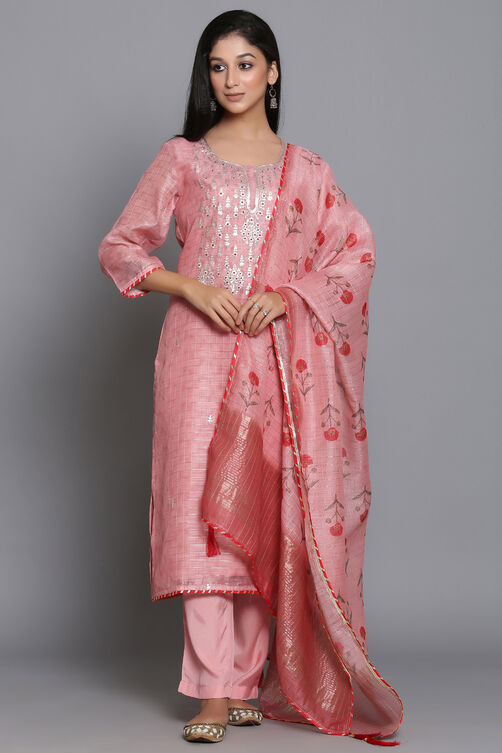 Pink Unstitched dress material Suit Set image number 0