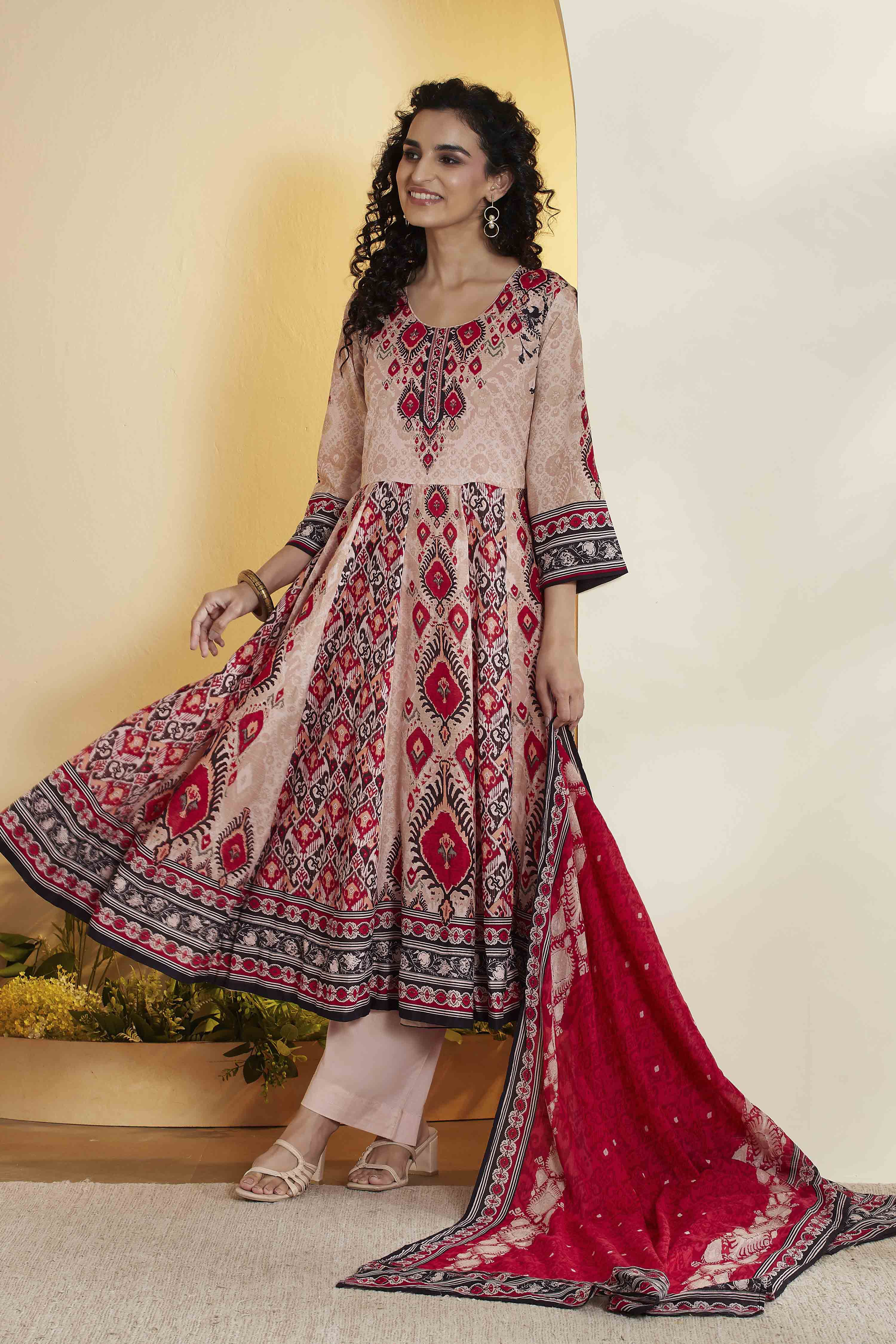 Beige Cotton Printed Anarkali Kurta Set image number 0
