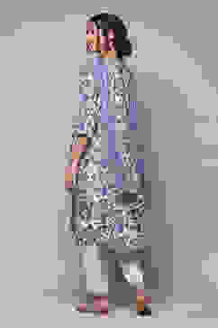 White & Blue Rayon Gathered Kurta Pants Suit Set image number 4