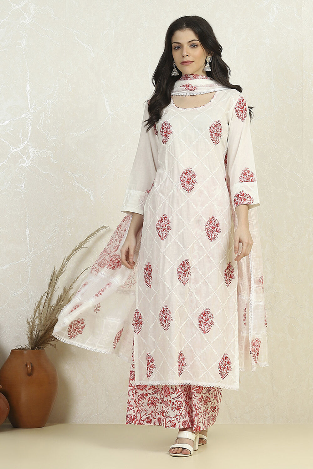 White and Blue Cotton Printed Unstitched Suit Set image number 7