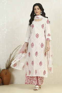 White Pink Cotton Hand Block Print Unstitched Suit Set image number 7