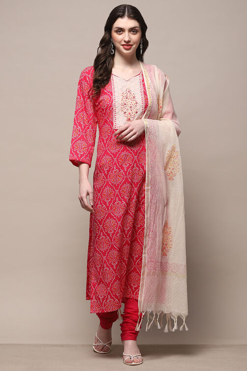 Pink Cotton Unstitched Suit Set image number 8