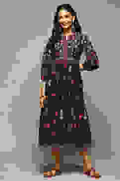 Black Cotton Straight Printed Kurta image number 5