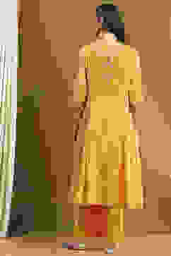 Mustard Yellow Cotton Printed Flared Festive Suit Set image number 4