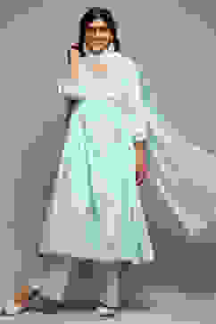 Aqua Cotton Gathered Kurta Palazzo Suit Set image number 0