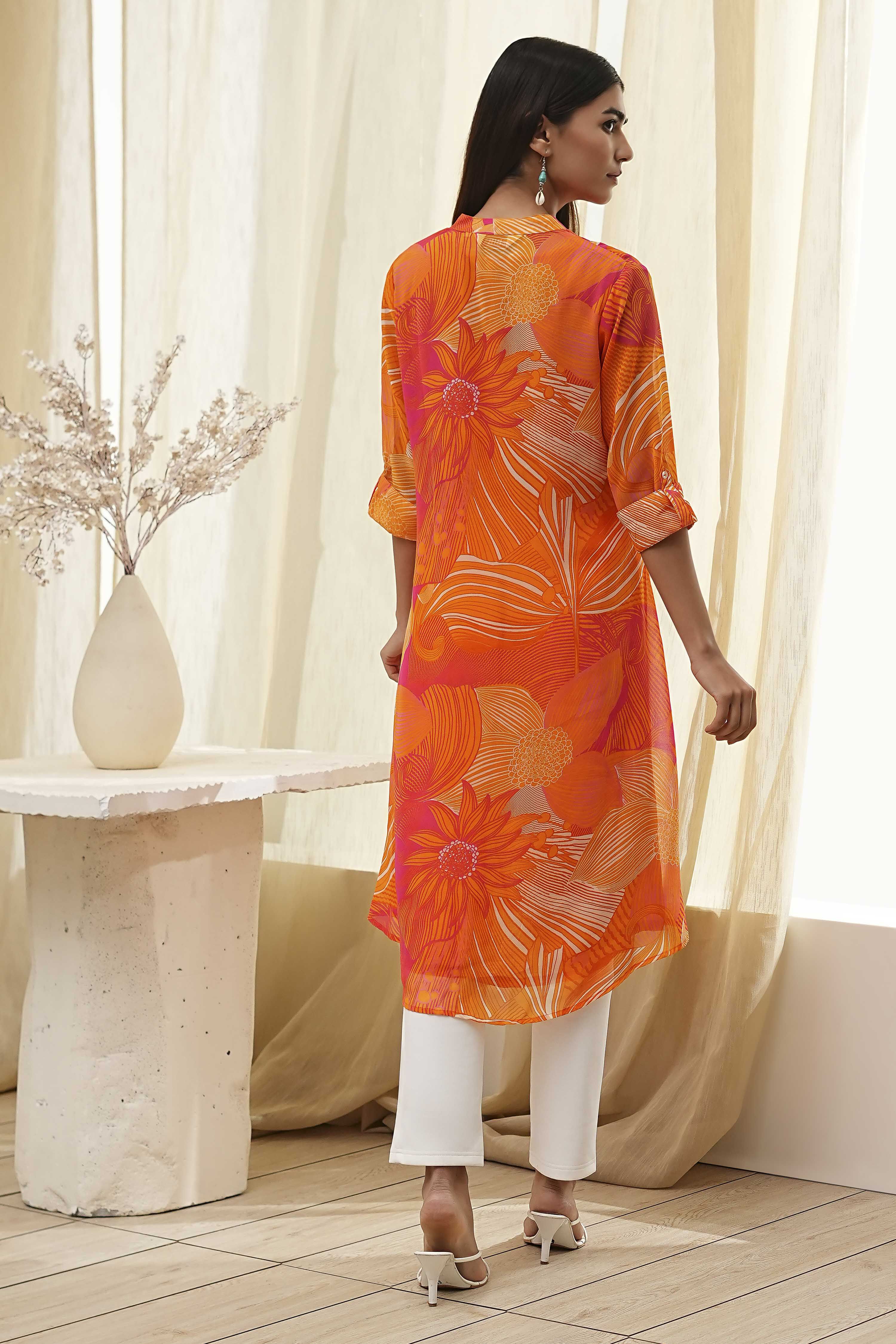 Blue Printed Pleated A-Line Kurta image number 3