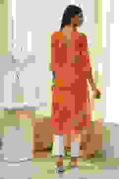 Orange Printed Pleated A-Line Kurta image number 3