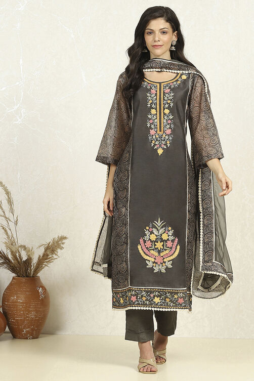 Teal Chanderi Unstitched Suit Set image number 7