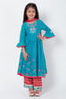 Turquoise And Red Cotton Anarkali Kurta Flared Palazzo Suit Set image number 2